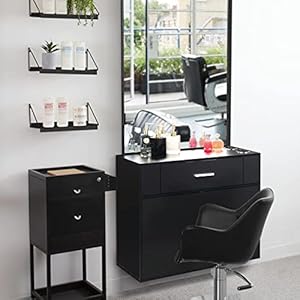 Salon Station Hair Styling, Barber Salon Stations with Mirror, Storage Cabinet, Drawers, Beauty Spa Equipment, Black Vanity Mirror Barber Beauty Spa Salon Equipment 59.4″ L x 29.6″ W x 11.8″ H