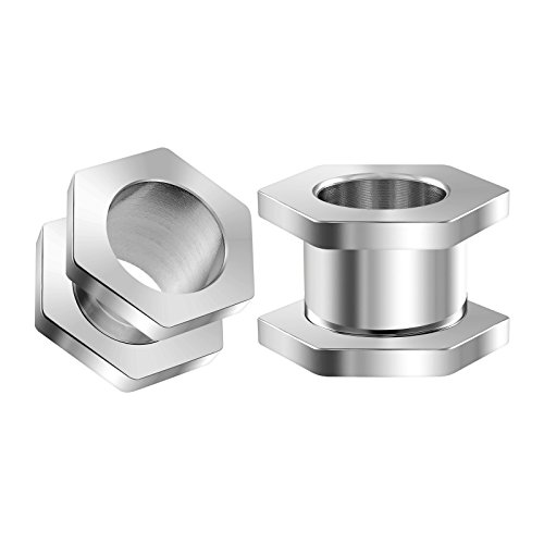 Pair of Surgical Steel Polished Hexagon Screw-Fit Flesh Tunnels Piercing Jewelry Stretcher Ear Plugs Earring Lobe