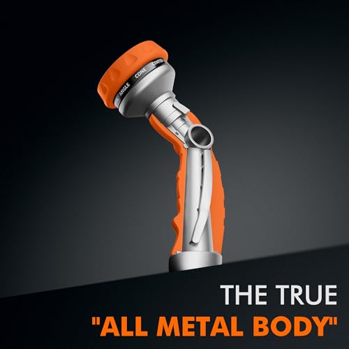 Image of RESTMO Hose Nozzle Heavy Duty, Metal Water Hose Sprayer for Garden | 9 Spray Patterns, High Pressure, Thumb Flow Control, On /Off Valve, Ideal for Outdoor Lawn & Plant, Car & Pet, Orange