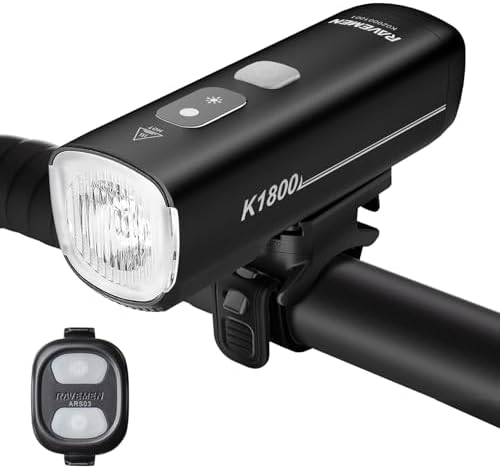 RAVEMEN K1800 Smart Bike Lights, Bright Bicycle Light with AI Night Riding Mode, Handlebar/Upside Down Mounted, Brightness Adjust, Auto On/Off, Power Bank Feature, Daytime Intelligent Mode