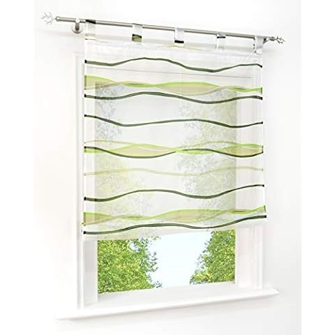 BAILEY JO Voile Roman Blind with Waves Print Design Roller Blinds Loops Transparent Curtain (W x H 80 x 140 cm, Green 1 with Loops) Cover