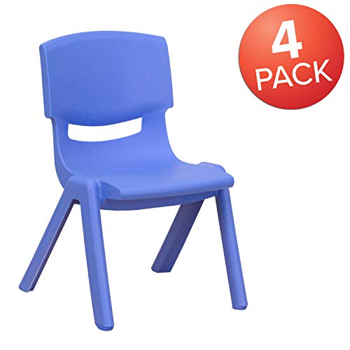 Image of EMMA + OLIVER Blue Plastic Stackable School Chair, 10.5 inch Seat, 4-Pack | Recommended for Preschool - Kindergarten Students