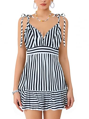 Image of SweatyRocks Women's Striped Sleeveless Spaghetti Strap Mini Dress V Neck A Line Short Sundress