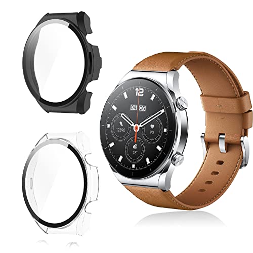 Yanwom [2 Pack] Funda Compatible con Xiaomi Watch S1 Funda, Carcasa con Protector de Pantalla, Cobertura Completa, Anti-caída, Arañazos Slim TPU Case Cover Protector - Transparente + Negro Cover