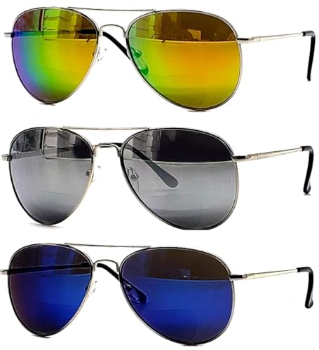 Bifocal Sunglasses For Women Men 3-Pack Aviator Vintage Fashion Designer UV 100% Protection Mirror Metal