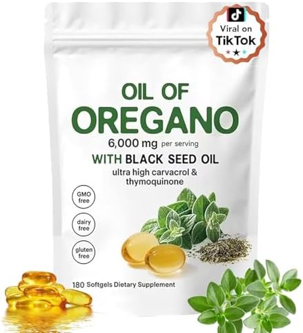Oil of Oregano Softgels 6000mg with Black Seed Oil, Plant Based, Non-GMO, Immune Support, 180 Count