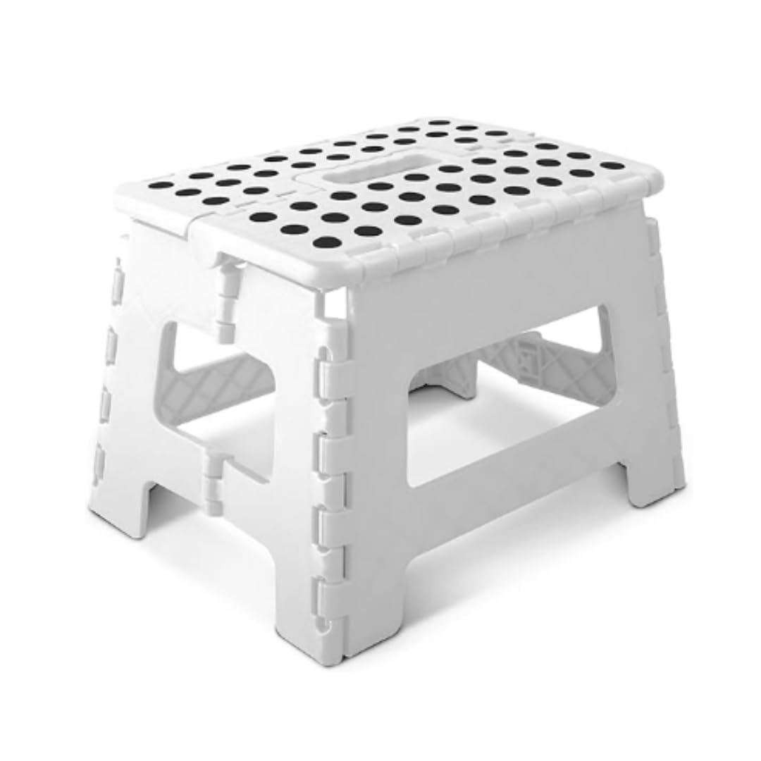 Heavy Duty Folding Step Stool | Non-Slip Foldable Footstool | Portable Lightweight Plastic Foot Step with Carry Handle | Bathroom & Kitchen Use | Indoor & Outdoor Utility Stool (White, 11 Inch)