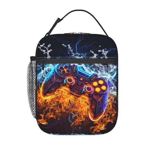 Anyako Video Game Controller Insulated Lunch Bag, Gaming Gadgets Lunch Box for Kids, Portable Reusable Zipper Fire and Water Game Lunch Box for Men Women School Work Travel