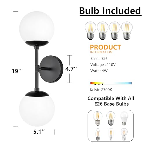 Image of KoKo&Yukina 2 Pack Matte Black Interior Vanity Light Fixtures Mid Century Modern Bathroom Vanity Light Globe Sconce Vanity Lights with Clear Glass for Bathroom (Bulb Incl.)