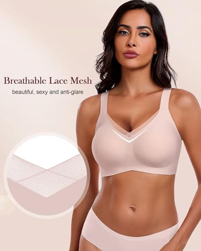 Image of HORISUN Seamless Mesh Lace Bras for Women No Underwire Wireless Bras with Support and Lift Full Coverage Deep V Bralettes