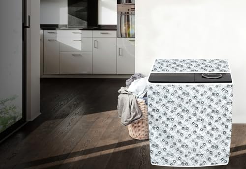 Image of The Furnishing Tree PVC Washing Machine Cover Compatible for Samsung 8.5 KG Semi-Automatic Top Loading WT85B4200GD /TL, Washing Machine Waterproof and dustproof, Floral Pattern Light Gray