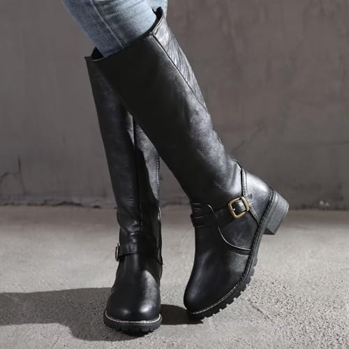 Womens's Knee High Boots Low Heel Wide Calf Round Toe Tall Riding Boots Side Zipper Slouchy Buckle Strap Western Booties2