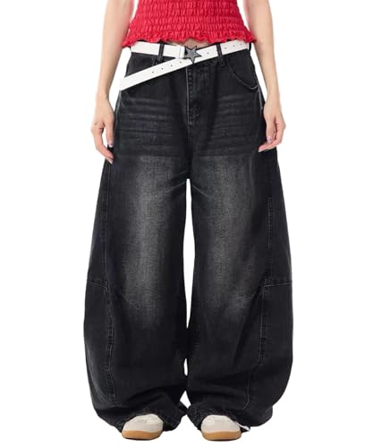 Unisex Vintage Distressed Washed Barrel-Leg Jeans Wide Baggy Denim Pants Retro Loose Streetwear Trousers2
