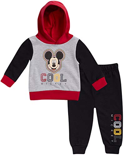Disney Baby Boys' Mickey Mouse Hoodie Fleece & Jogger 2-Piece Pant Set (Newborn/Infant), Black-Red-Heather Grey Mickey, Size 0-3M
