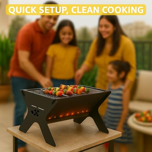 Image of ecofynd Portable Charcoal Barbeque Grill, Modern Foldable & Compact BBQ Set for Home, Picnic, Camping, Traveling, Outdoor Cooking, Bonfire, Heavy Duty Firepit Tandoor tools (Stellar Black, BBQ002)