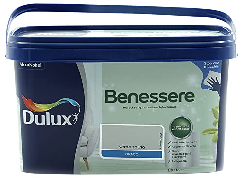 Dulux Benessere Pittura Colorata all'Acqua per Interni Superlavabile Anti Muffa Anti Batteri con Ioni D'Argento, 2.5 Litri, Verde Salvia, 2.5L