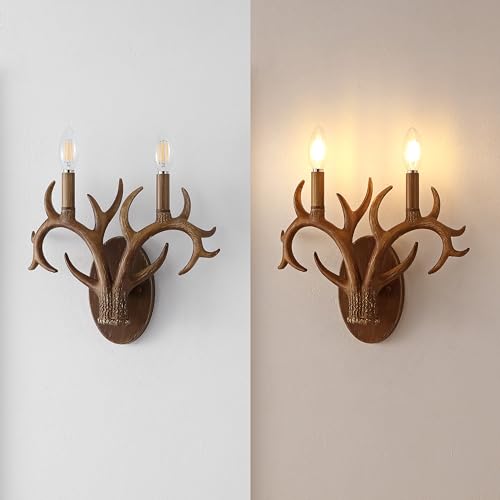 Image of JONATHAN Y 13.25 inch Brown Wood Finish Faux Antler LED Vanity Light Set of 2, Rustic Wall Sconces for Bathroom Mirror Hallway, Southwestern Farmhouse Decor, LED Bulbs Included (JYL6308A)