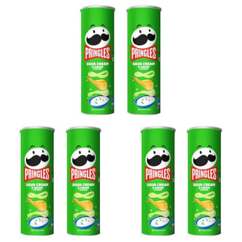 Image of Pringles Sour Cream & Onion Flavour | Potato Chips | Crispy Snack | Crunchy Snack food for Movies, Games & More | On-the-Go Can | Pack of 6 | 107g * 2