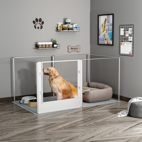 BingoPaw Acryl Wurfkiste Hunde Laufstall: Transparent Hundezaun Wohnung Welpenzaun 80cm hoch, XXL Welpenauslauf mit wasserdichter Bodenmatte und Tür, 163x102x80 cm