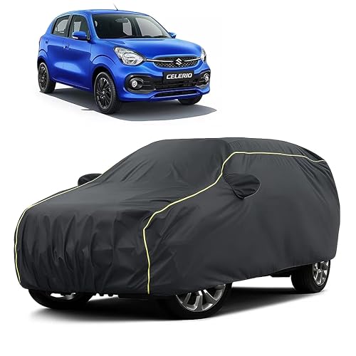 Image of Sulfar 100% Water Resistant Car Body Cover Compatible with Mirror for Maruti Suzuki Celerio (Triple Stitched, Full Bottom Elastic, Dark Grey Taffeta with Yellow Piping)
