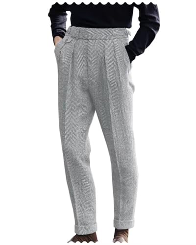 Men's Dress Pants Regular Fit Front Tweed Herringbone Retro Wool Trousers