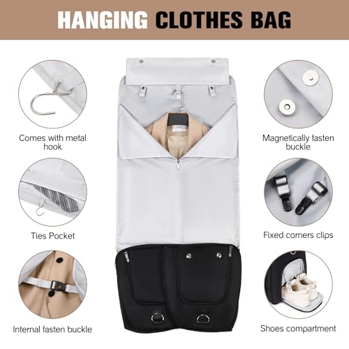 Garment Bags for Travel, 2 in 1 Convertible Carry On Duffle Bag Suit Bags Foldable Backpacks with Shoe Compartment & Toiletry Bag, Hanging Bags for Clothes Dress Suit for Men Women Gift (Black)3