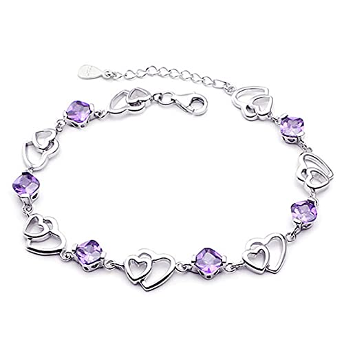 Bracelet femme en argent 925 massif et véritable pendentif coeur améthyste