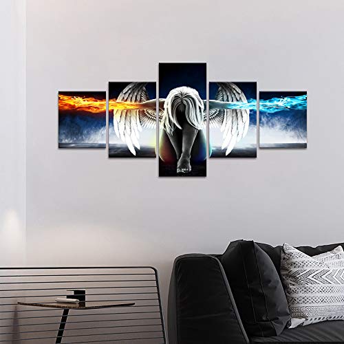 5 Panels Canvas Wall Art Fire And Ice Angel Wings Of Contemporary Girl Painting Abstract Woman Pictures Posters And Prints Artwork Decor For Living Room Bedroom Office Framed Easy To Hang (50"Wx24"H) #TOP4
