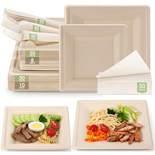 Ktcnmer Compostable Party Paper Plates Set -[300 Pcs] 10 Inch&8 Inch Square Brown Biodegradable Paper Plates Heavy Duty, Party Plates,Utensils And Napkins - Eco Friendly Disposable Plates For Party #TOP6