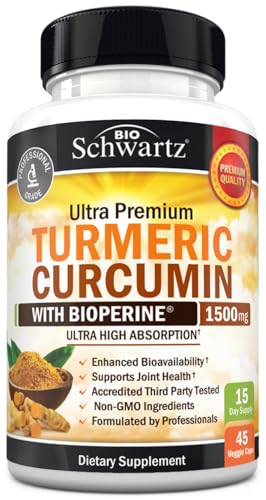 Turmeric Curcumin with Black Pepper Extract 1500mg - High Absorption Ultra Potent Turmeric Supplement with 95% Curcuminoids and BioPerine - Non GMO Tumeric Capsules for Joint Support - 45 Capsules