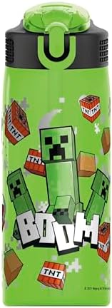 Zak Designs Minecraft Water Bottle For School or Travel, 25 oz Durable Plastic Water Bottle With Straw, Handle, and Leak-Proof, Pop-Up Spout Cover (Creeper)