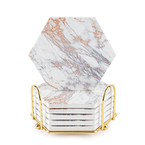 6 Stück Marmor-Untersetzer für Getränke, saugfähig mit Korksockel, sechseckige Getränke-Untersetzer für Holztisch mit Metallhalter, rustikale Heimdekoration für Wein, Kaffeetassen-Untersetzer1 Cover