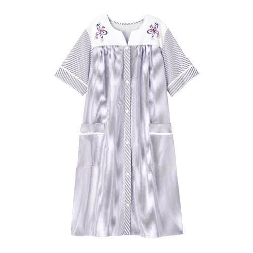 Image of AmeriMark Women Calf-Length Snap Front Knit Duster House Coat Robe - Loose-Fitting Plush Bathrobe - Short Sleeve Bath Robe