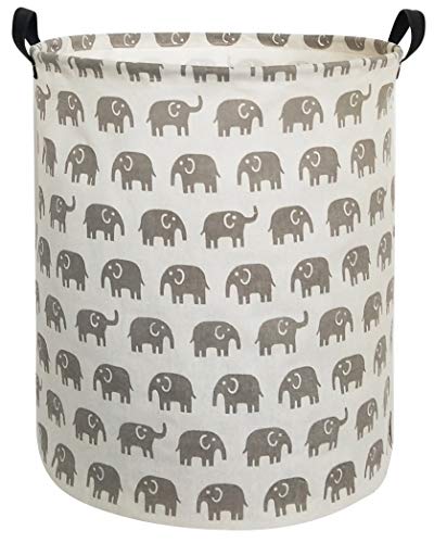 HIYAGON Canvas Storage Basket,Large Laundry Basket with Handles-Collapsible Storage Bin for Kids Room,Nersury Hamper,Toy Storage 19.7×15.7 (Grey Elephant)