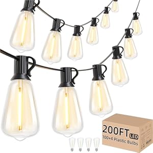 Svater Outdoor String Lights 200 FT, Commercial Vintage Patio Lights with 100+4 1W Shatterproof Plastic Led Bulbs, Connectable Dimmable Hanging String Lights for Backyard Porch Cafe(2 Pack 100 FT)