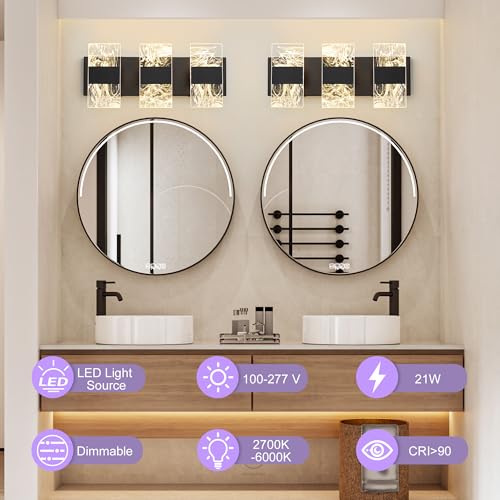 Image of Modern LED Bathroom Light Fixtures Dimmable 3-Light Black Vanity Light