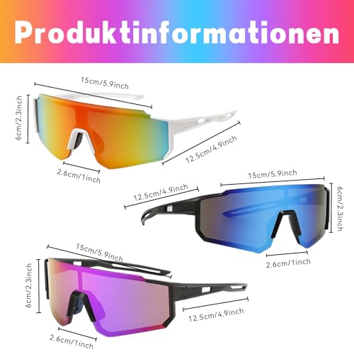 JazRvr 3 Stück Schnelle Brille, Ski Sonnenbrille, UV400 Schutz für Outdoor-Aktivitäten wie Radfahren, Laufen und Skifahren, Weißer Rahmen mit Orange Tönung, Schwarzer Rahmen mit Blau und Lila Tönung