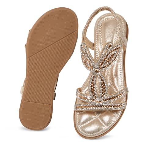 Image of iCKER Womens Rhinestone Strappy Flat Sandals Elastic Ankle Strap Open‑Toe | Sparkling,for wedding,party,evening dates,special occasion,Vacation,Formal