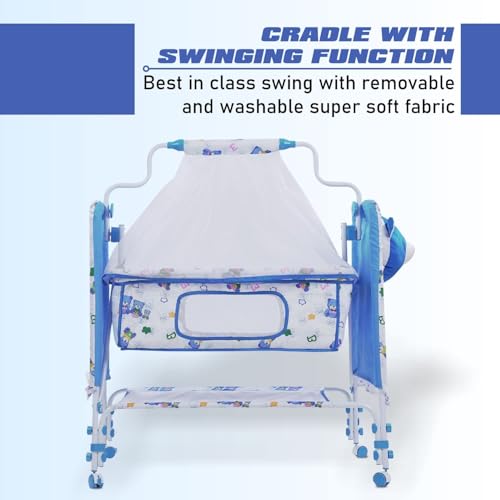 Image of PANDAORIGINALS Jumbo Baby Cradle|Soft Cushion Baby Jhula /Paalna Cute cot with Mosquito Net for 0-9 Months Boys and Girls Super Strong Soft Cushion and Swing Lock Function (Panda Blue)