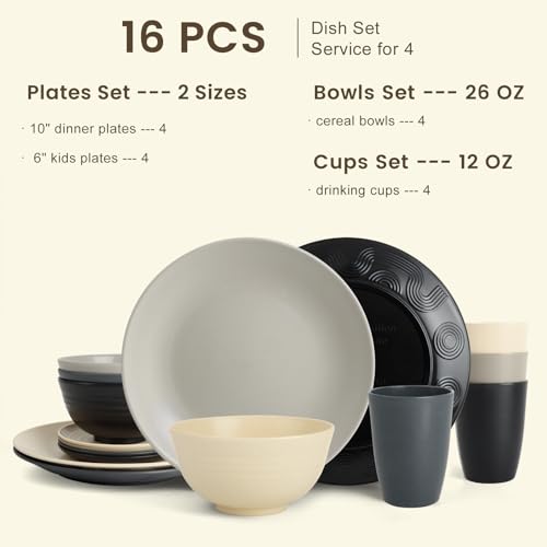 Image of Homienly Wheat Straw Dinnerware Set - Dinner Plates, Cereal Bowls, Drinking Cups Set, Unbreakable 16 PCS Dish Set, Microwave and Dishwasher Safe Dishes for Home, Outdoor - Grey Stone