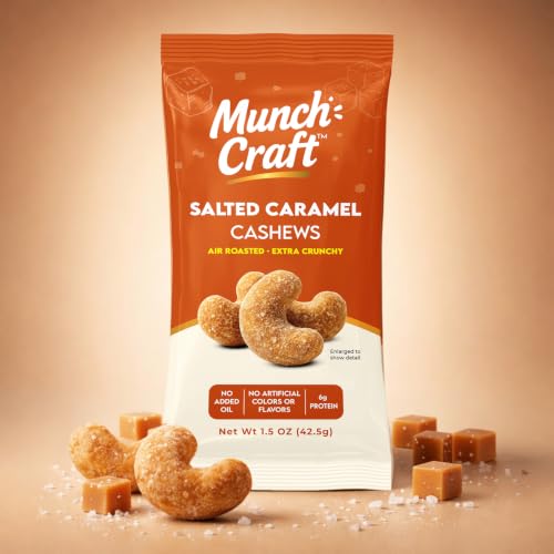 Image of Munch Craft Gourmet Salted Caramel Cashews (8-Pack Box) - Perfectly Balanced Flavor (Buttery Caramel & Sea Salt) - Extra Crunchy Air-Roasted Nuts, Oil-Free - Eight 1.5 oz Snack Bags (12 oz Total)