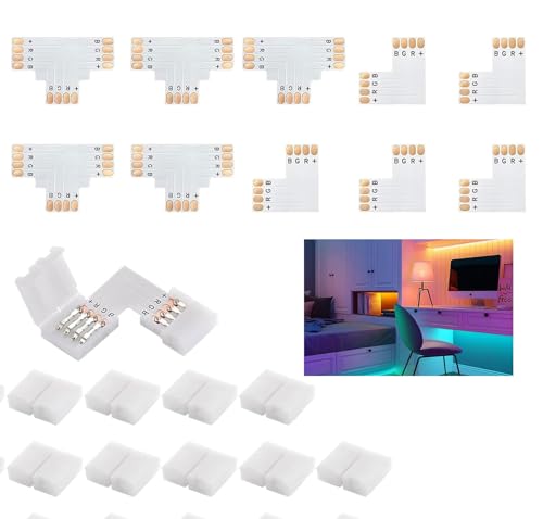 10 Pcs LED Strip Light 4-Pin Adapter Kit (10 mm) with 20 Clips 5× T-Shape & 5× L-Shape Solderless Corner Joiners for RGB 5050/3528 for Kitchen Under-Cabinet Gaming Desk Display Shelves Signage