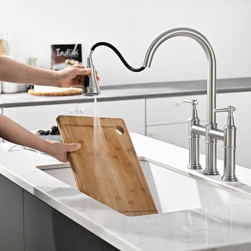 Robinet de cuisine 3 trous nickel brossé avec douchette extractible durable