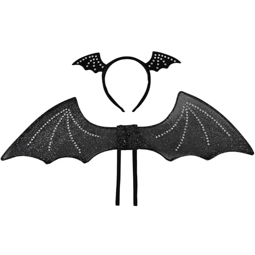 FeelfunFeather Bat Wings-Black Devil Wings and Headband Set for Halloween Costume Vampire Witch Dress Up Props Cosplay Party Decoration Small