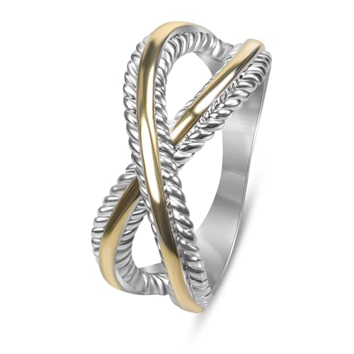 Designer Inspired Jewelry Two Toned Twisted Cable Wire Eternity Knot Ring Trendy Gold and Silver Crossover Ring for Women Gift