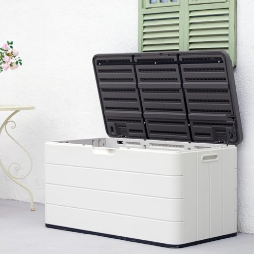 Mrosaa 110 Gallon Deck Box Waterproof,Double-Wall Resin Outdoor Storage Boxes, Deck Storage for boat slip storage,Cushions, Pool Float, Garden Tools,Patio Furniture, Lockable (OFF-WHITE)