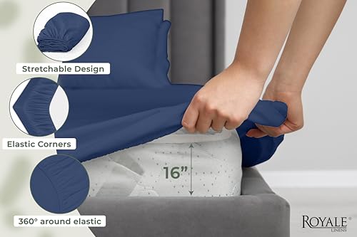 Image of Royale Linens 100% Organic Cotton King Fitted Sheet Only - Percale Weave - Super Soft Deep Pocket Bottom Sheets - Navy Elastic Sheet - King Size Fitted Sheets Only - (78 inchx80 inch+15 inch, Navy)