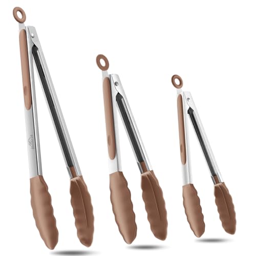 600ºF Heat Resistant Kitchen Tongs, Premium Locking Cooking Tongs with Silicone Tips, Non-Slip Food Tongs for Cooking, Non-Stick, Heavy Duty Stainless Steel Handle, Set of 3-7" 9" and 12" Mud color