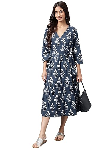 Image of Janasya Women's Cotton Floral Printed Wrap Dress