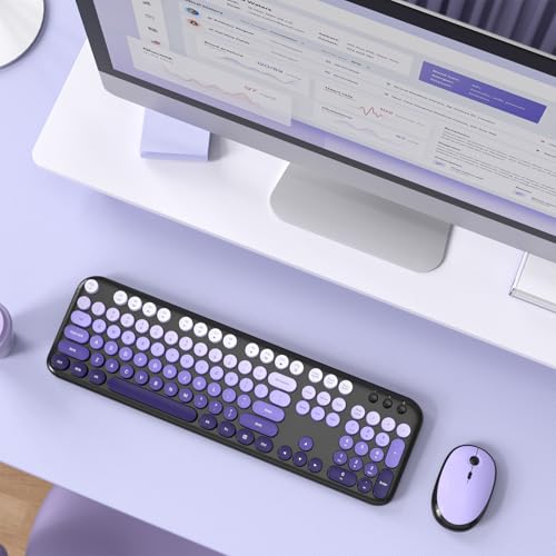 Image of Wireless Keyboard Mouse Combo - Lovely Blackpurple-Gradient Rainbow Full-Sized Typewriter Colorful Keyboards, Round Keycap Plug Play Retro Cute Keyboards for Windows, Laptop, PC, Desktop, Computer